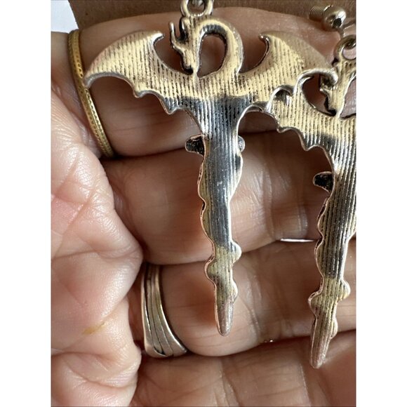 Dragon Sword Silver Tone Gothic Dangle Pierced Earrings 2.5” - Picture 7 of 12
